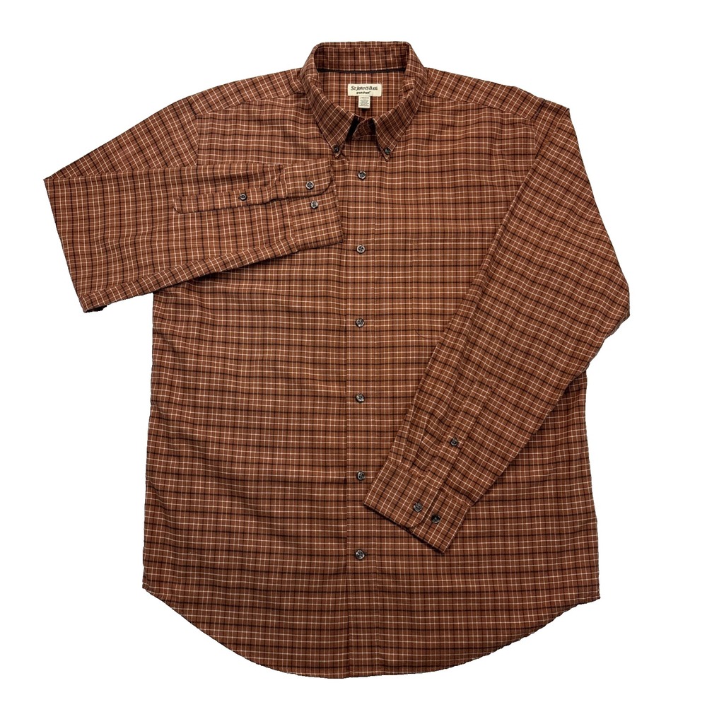 St. John's Bay Mens Shirt Size L Tall Brown Plaid Long Sleeve Iron Free Preppy